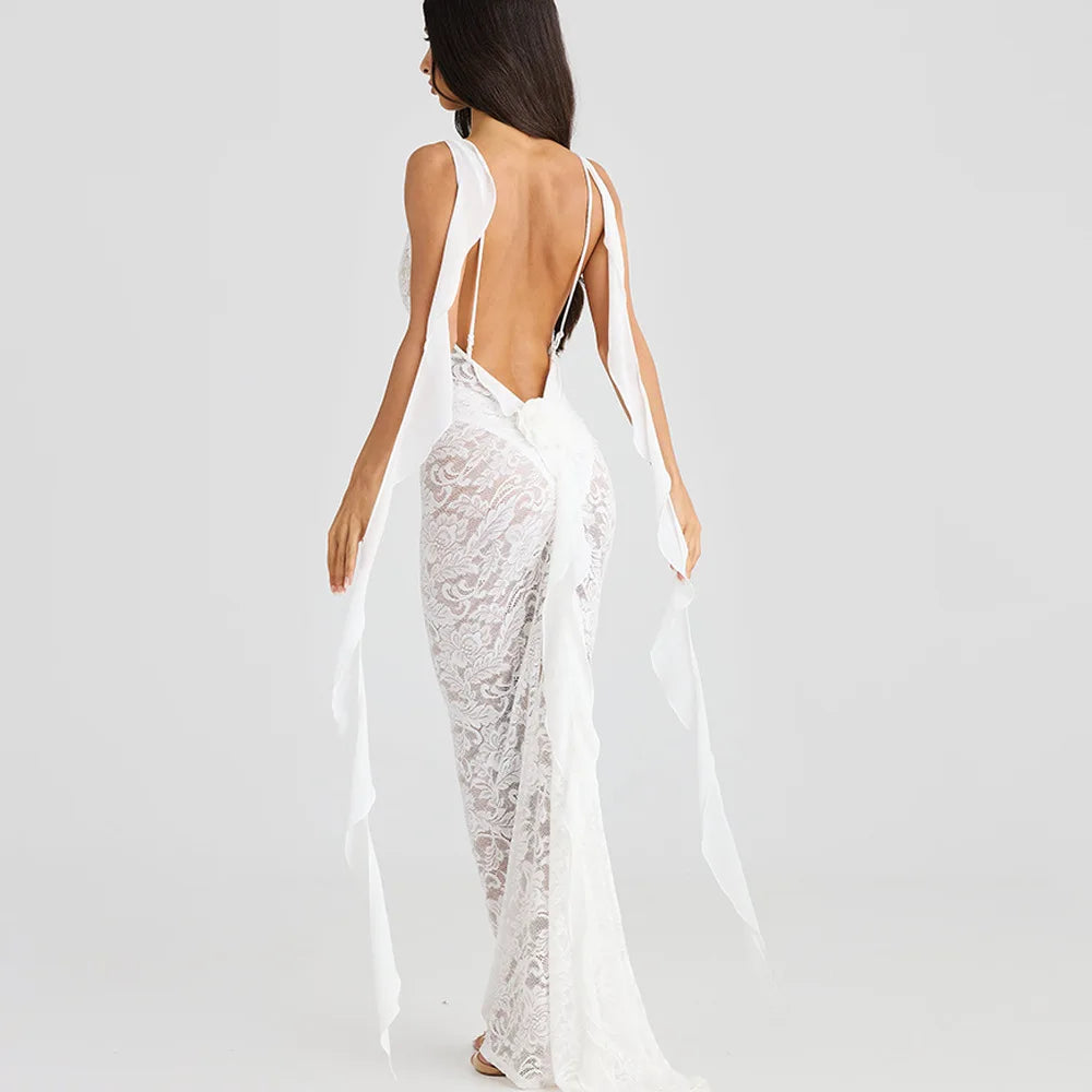 Articat Sexy Sleeveless Lace Patchwork Print Women Backless Party Evening Dress 2024 New Trailing Long Skirt Flowing Vestido