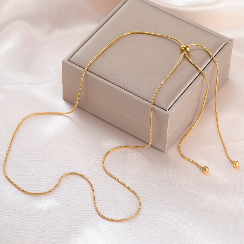 Teamer Long Snake Chain Round Bead Necklace Stainless Steel Gold Color For Girls Women Minimalist Trendy Simple Jewelry Gift
