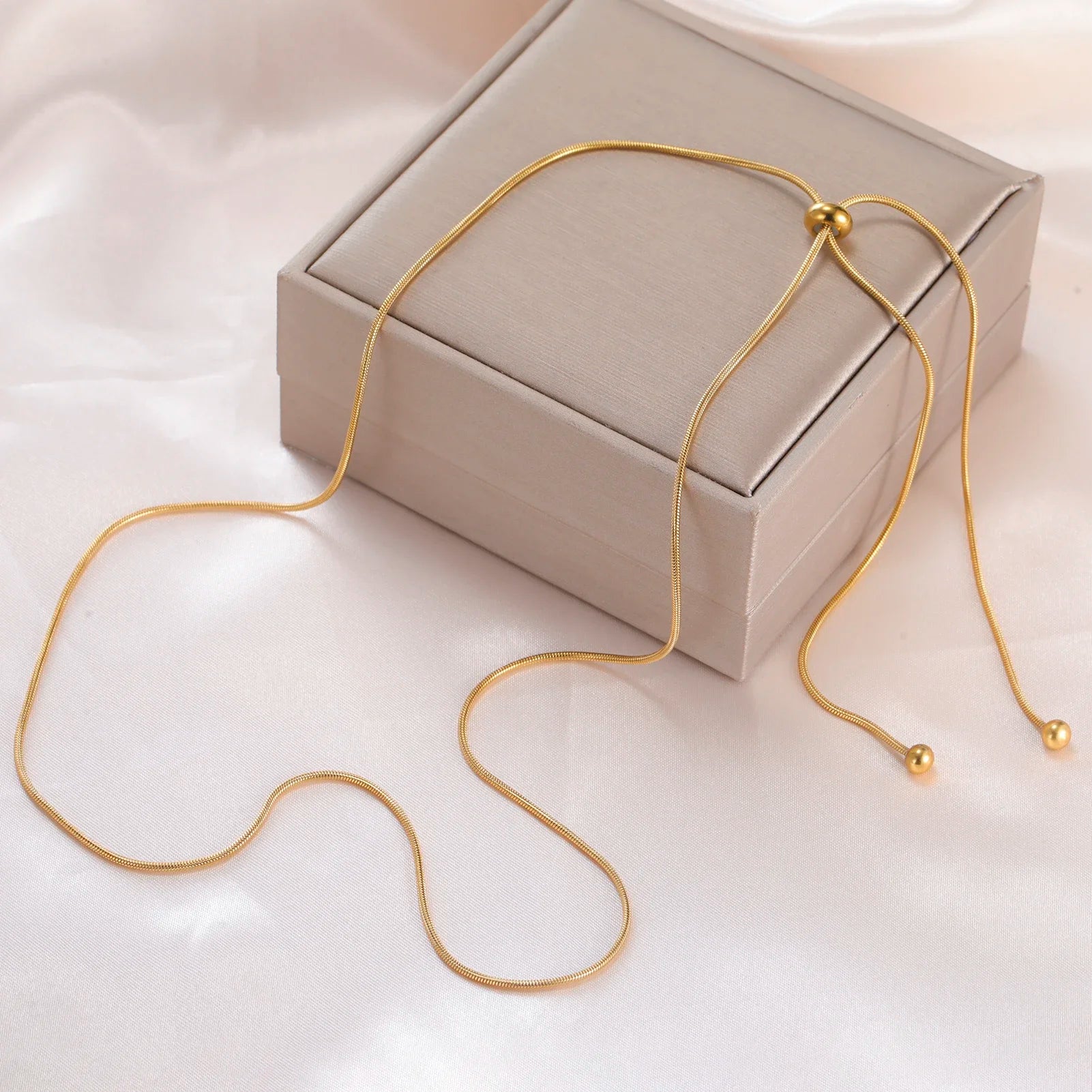 Teamer Long Snake Chain Round Bead Necklace Stainless Steel Gold Color For Girls Women Minimalist Trendy Simple Jewelry Gift