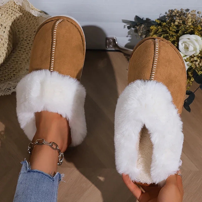 2024 Winter Warm Flat Fur Slippers - Faux Suede Fluffy Home Slides