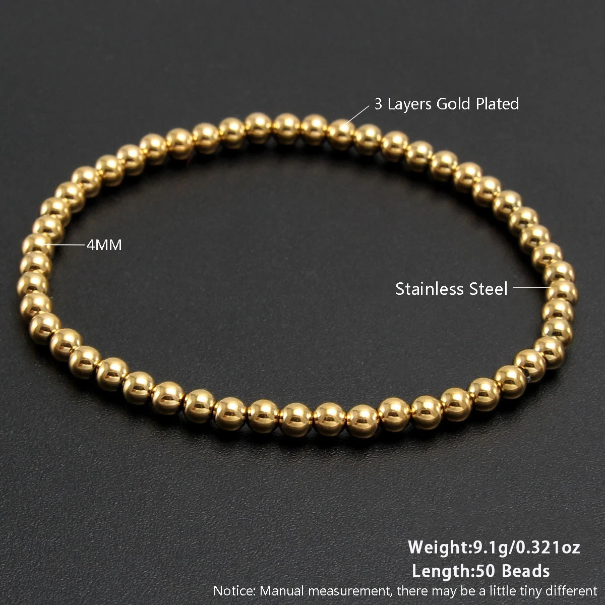 MHS.SUN Fashion Waterproof Smooth Stainless Steel Bracelets 2-10mm Elastic Beaded Gold Plated Stackable Bracelet Women Jewelry