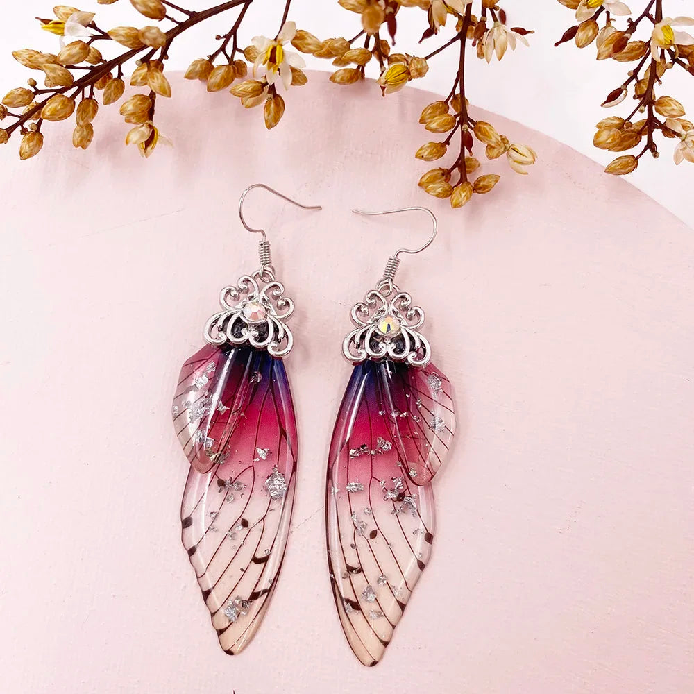 Handmade Fairy Simulation Wing Earrings Insect Butterfly Wing Drop Earrings Foil Rhinestone Earrings Romantic Bridal Jewelry