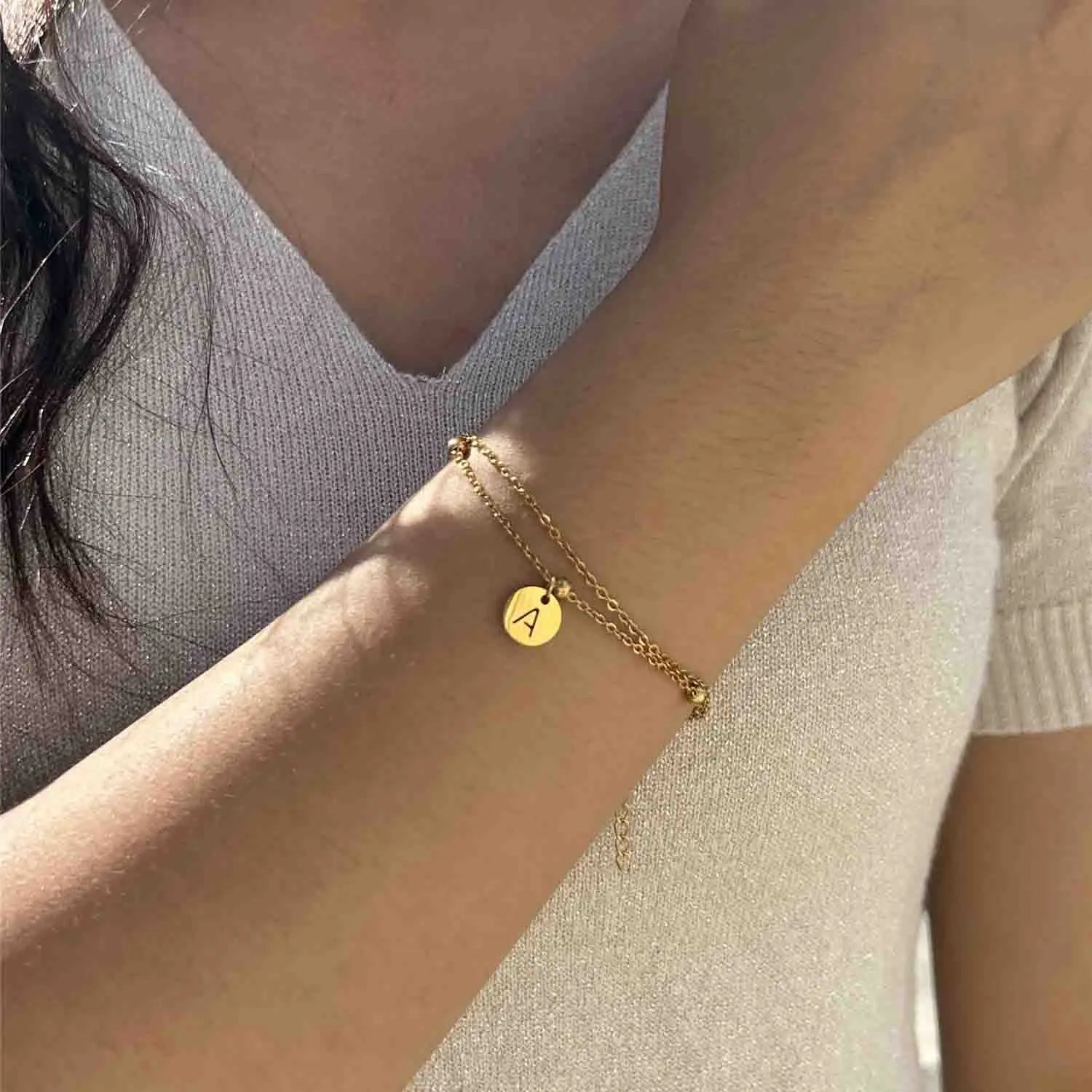 Minimalist Design Stainless Steel Disc Coin Letter Initial Bracelets For Women Multilayer Chain Alphabet Charm Bracelet Jewelry