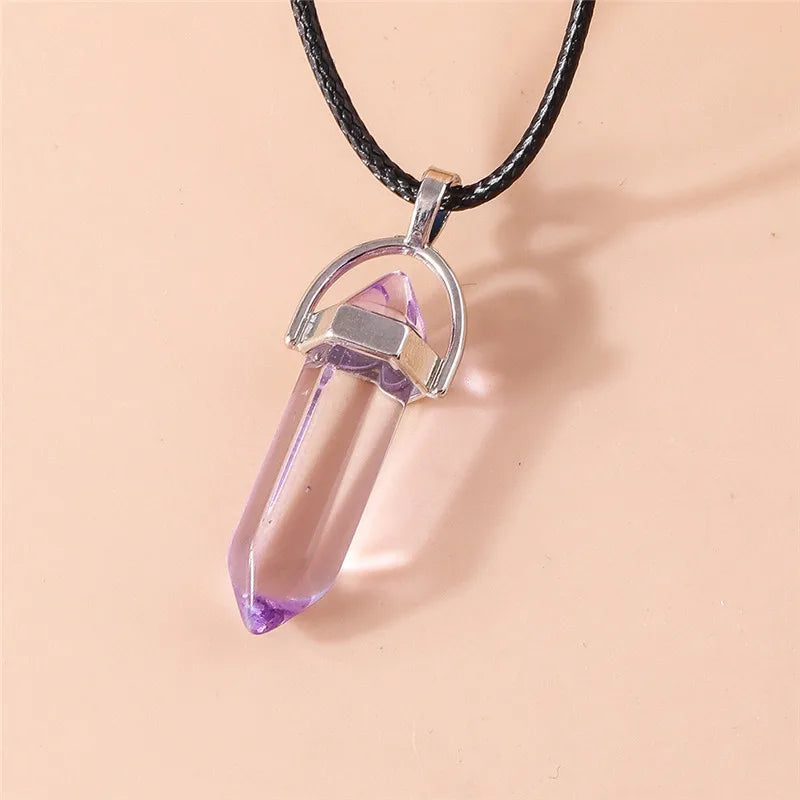 Natural Stone Quartz Lapis Opal Amethyst Pink Crystal Stone Hexagonal Column Pendant Necklaces Leather Chain Bullet Necklace