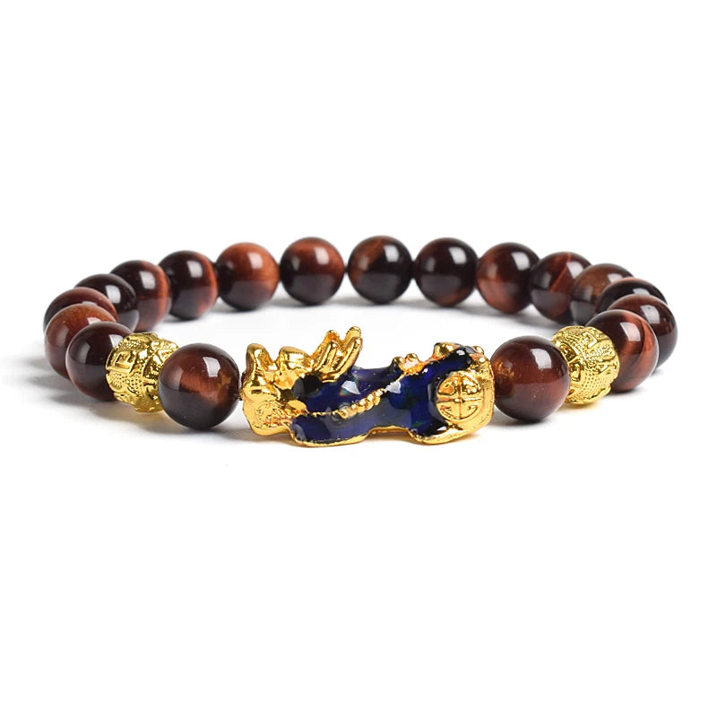 Pi Xiu Tiger Eye Stone Beads Bracelet Feng Shui Yellow Power Stone Women Men Elastic Jewelry Gold Color Pixiu Good Luck Bracelet
