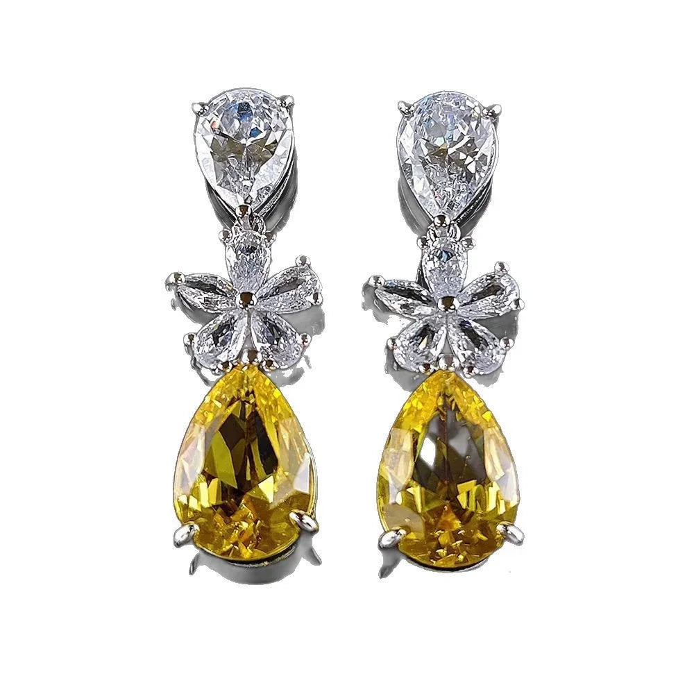 Female White Yellow Zircon Stone Flower Water Drop Earrings Cute Trendy Bridal Silver Color Dangle Wedding Jewelry For Women