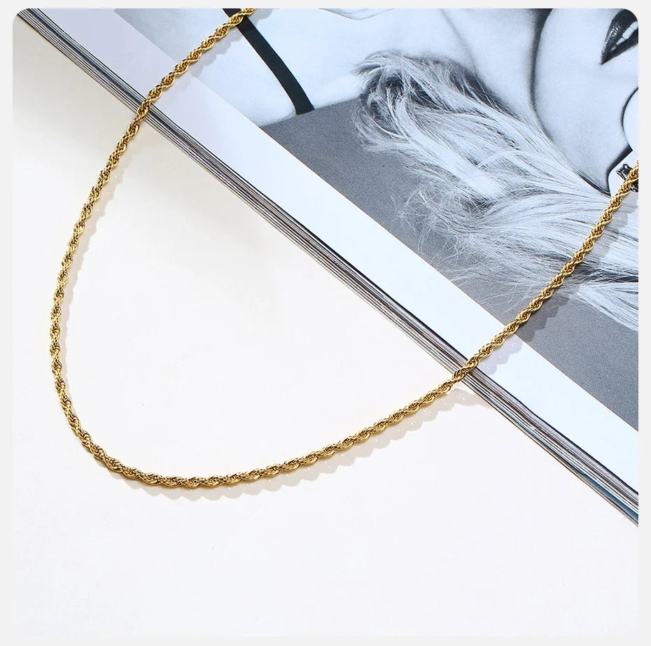 Vnox Dainty Gold Color Rope Chain Necklaces for Women Men,Chic Twisted Collar, Waterproof Stainless Steel Link 2/3/4/5mm Width