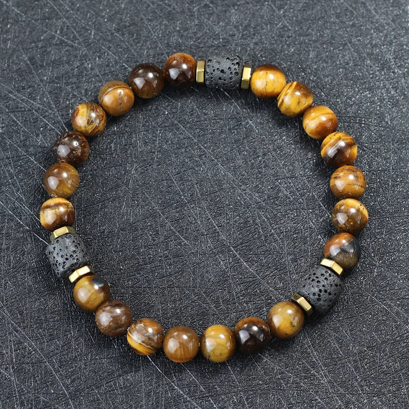 Unique Natural Stone Bracelet Men 8mm Obsidian Tiger Eyes Beaded Braclet Homme Hand Accessories Black Strand Brazalete Pulseira