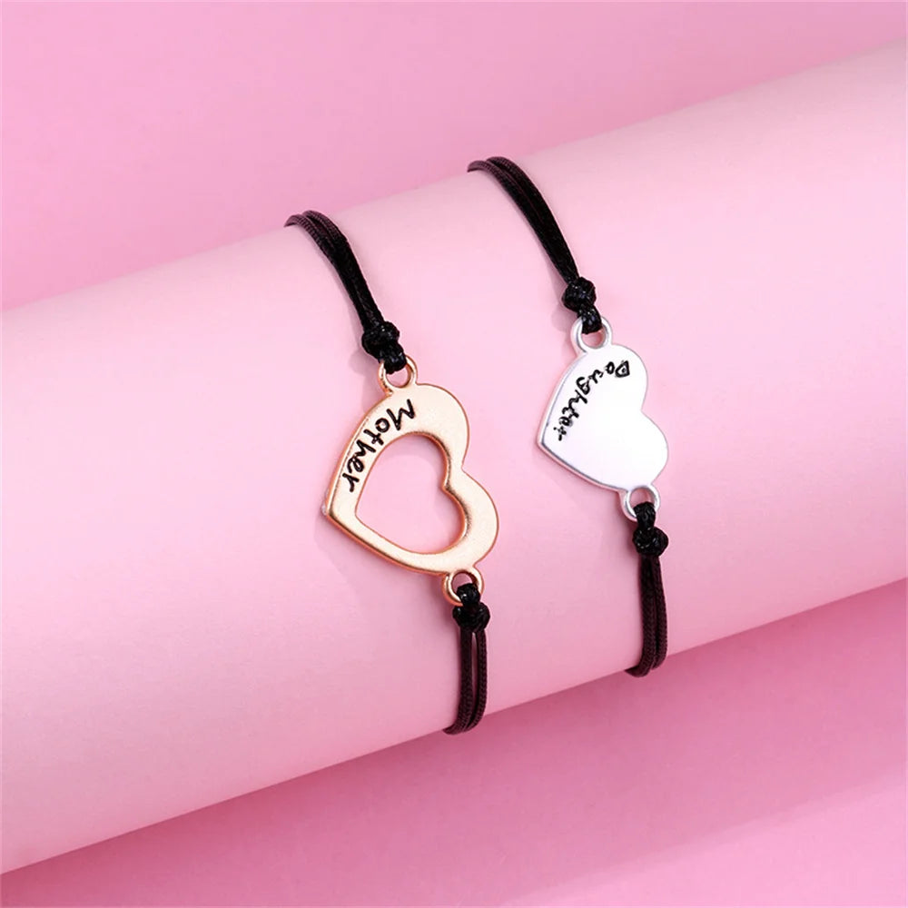 2Pcs Mother and Daughter Hollow Heart Braided Bracelet Adjustable Love Wrist Rope Bangle DIY Jewelry Accessories Festival Gifts