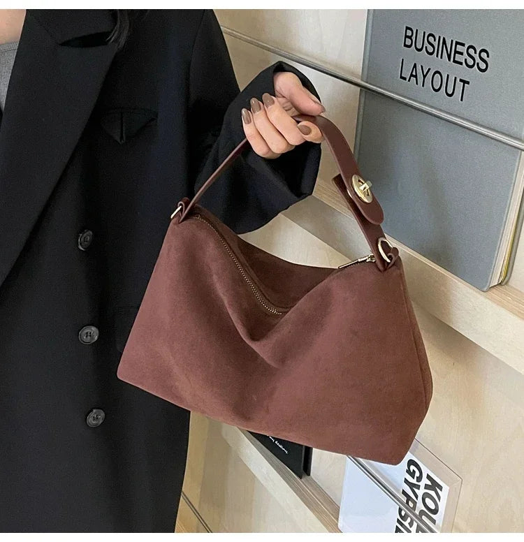 New Solid Color PU Zipper Women's Bag Suede Large Capacity Women's Shoulder Bag Fashion Versatile Casual Dual Purpose Handbag