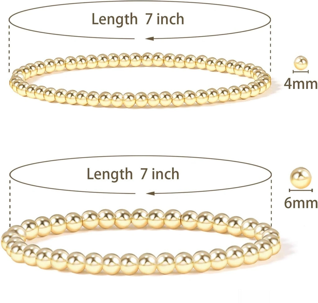 Gold Plate Bead Bracelet for Women 14K Gold Plated Bead Ball Bracelet Stretchable Elastic Hypoallergenic Bohemian Stackable