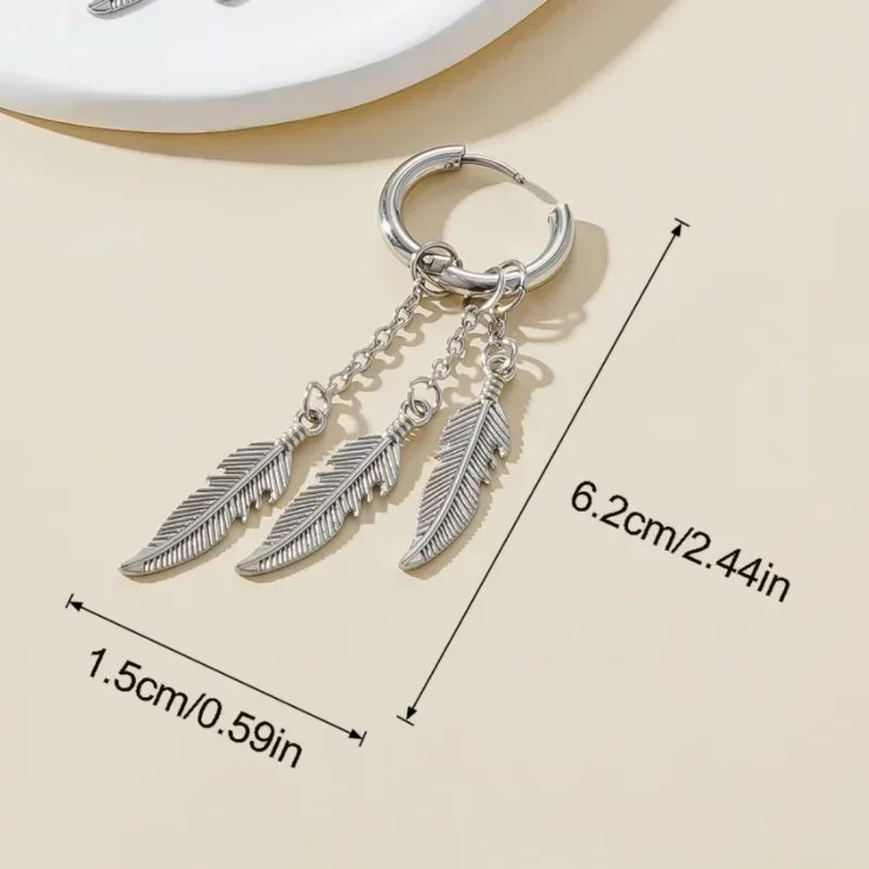 Fashionable and Creative Stainless Steel Colorful Feather Pendant Earrings Street Charm Cool Earrings for Men and Women