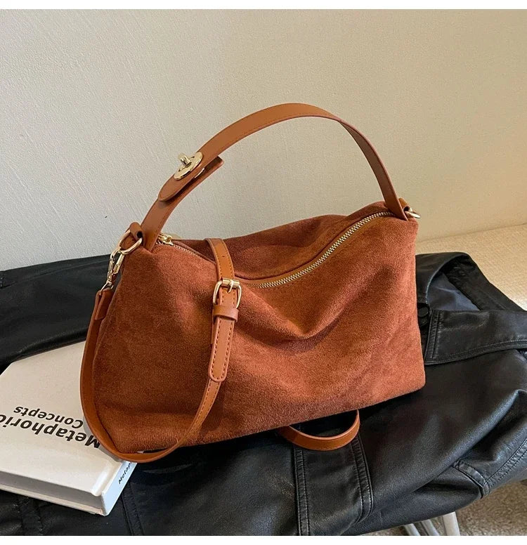 New Solid Color PU Zipper Women's Bag Suede Large Capacity Women's Shoulder Bag Fashion Versatile Casual Dual Purpose Handbag
