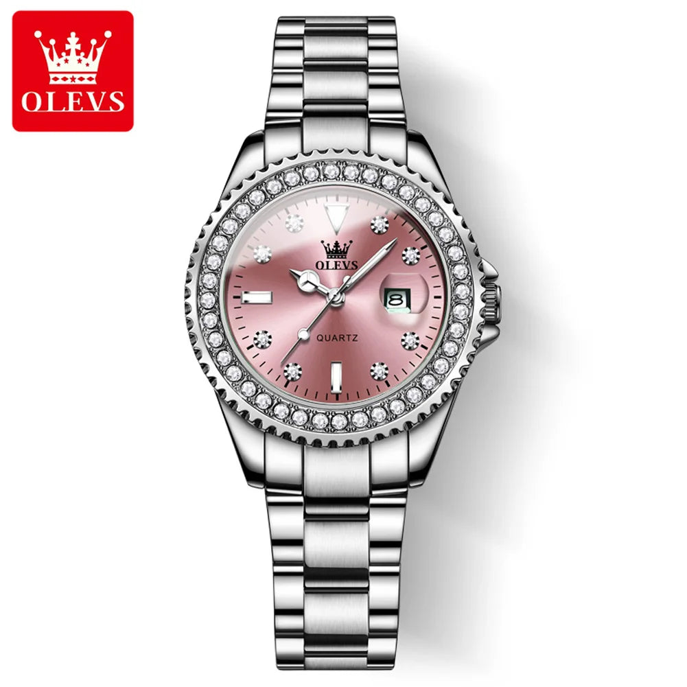 OLEVS 9945 Top Brand Original Quartz Watch for Women Luxury Diamond Lap Calendar Hand Clock Stainless Steel Ladies Wristwatches
