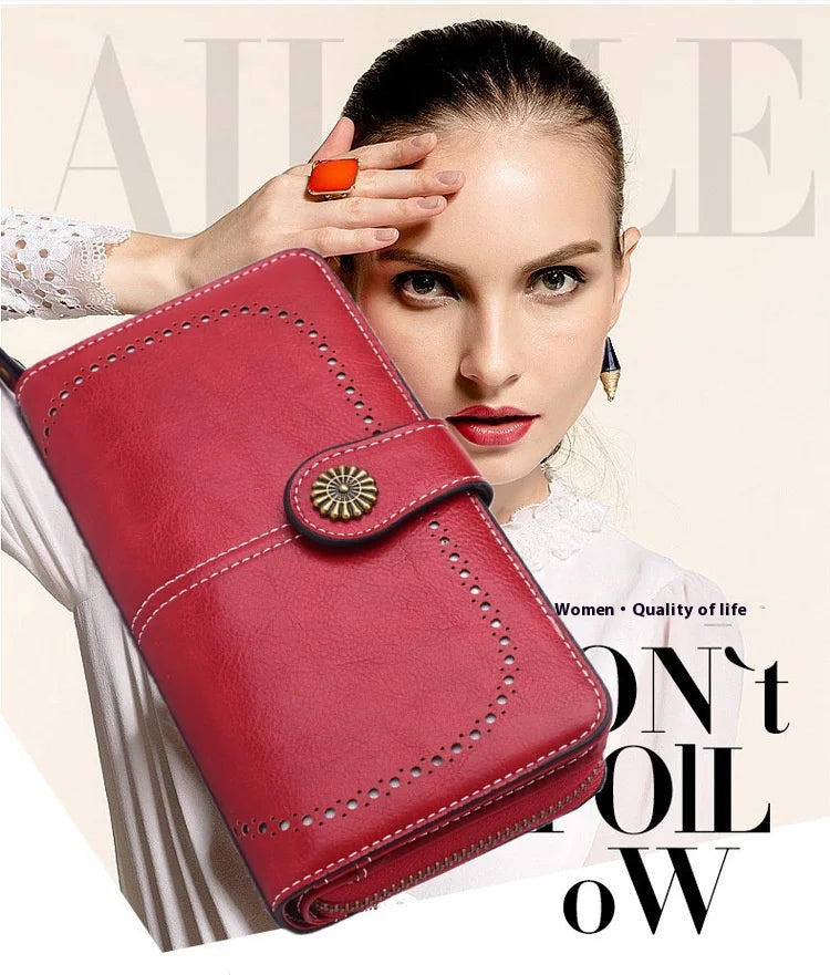 Fashionable new hollow out coin purse for women's oily leather phone bag, long zipper handbag,coin bag Triple fold ladies wallet
