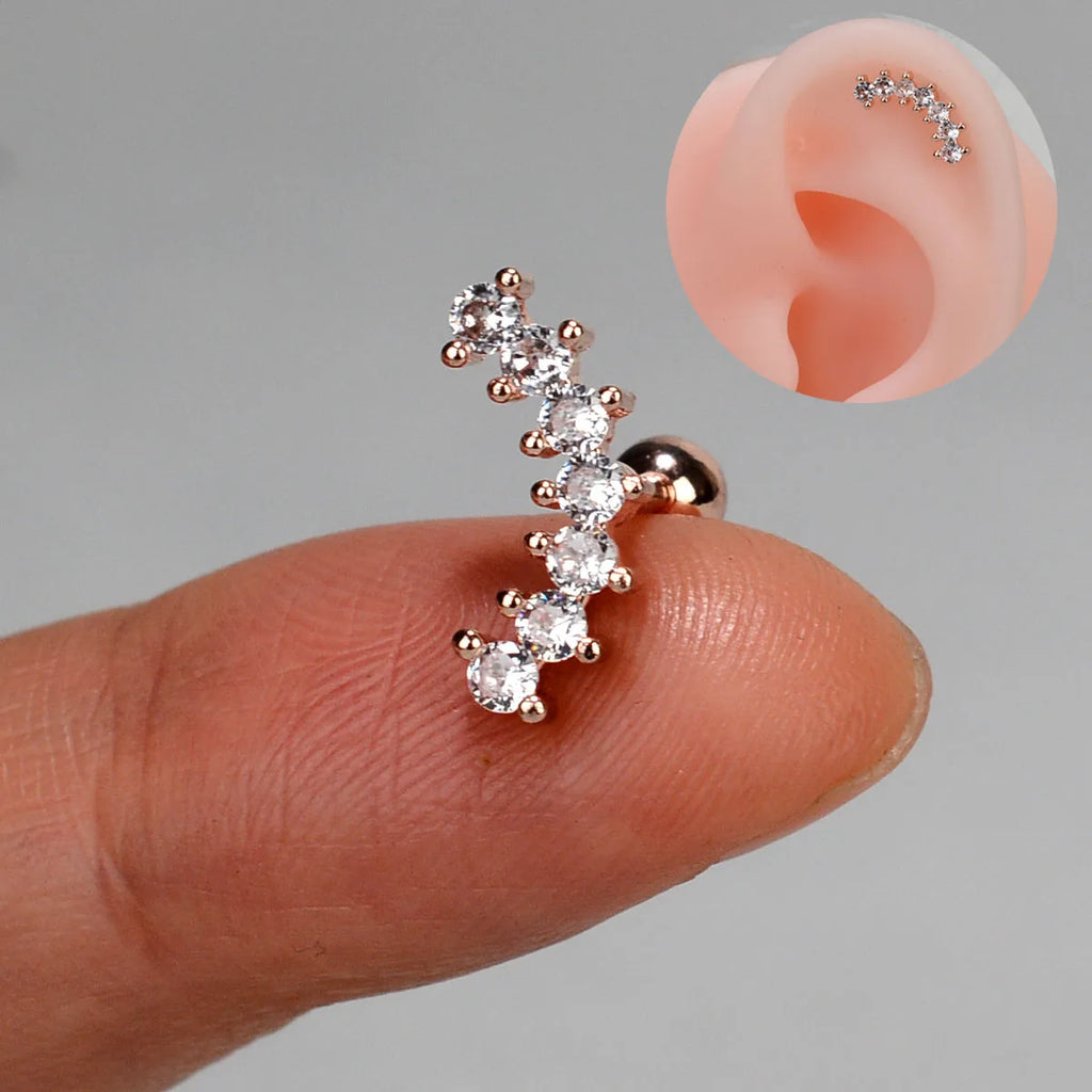 1PC New Curved Cz Cartilage Stud Moon Leaf  Helix Rook Conch Screw Back Earring Stainless Steel Bar Ear Piercing Jewelry