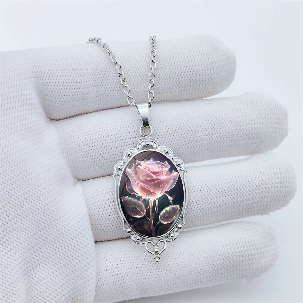 New Pink Rose Pendant Earrings Flower Art Black and White Lace Earrings Oval Glass Photo Niche Jewelry Romantic Gift Party