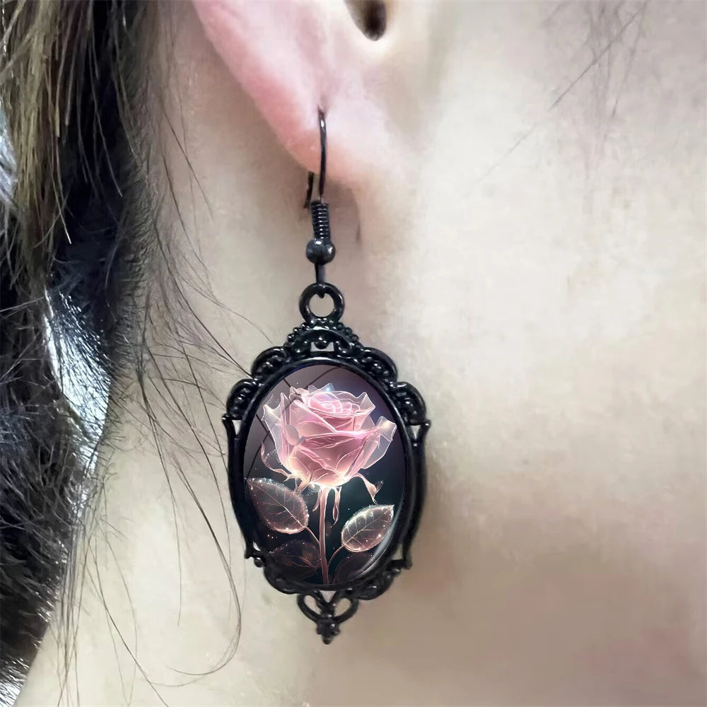New Pink Rose Pendant Earrings Flower Art Black and White Lace Earrings Oval Glass Photo Niche Jewelry Romantic Gift Party