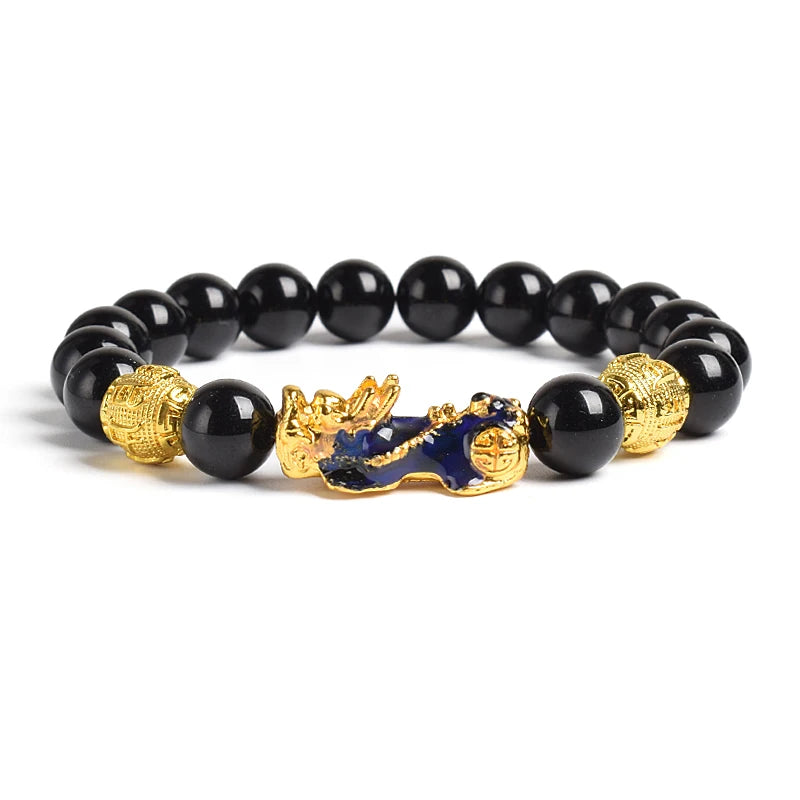 Pi Xiu Tiger Eye Stone Beads Bracelet Feng Shui Yellow Power Stone Women Men Elastic Jewelry Gold Color Pixiu Good Luck Bracelet