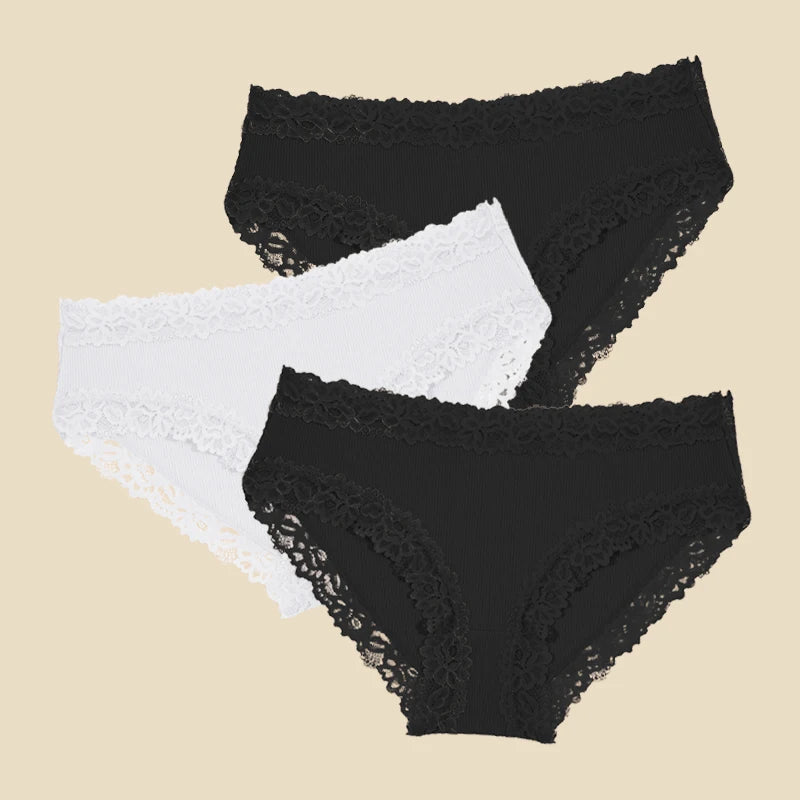 3PCS/Set Cotton Lace Underwear for Women Sexy Ribbed Floral Panties Comfortable Low-Waist Briefs Female Solid Comfort Lingerie