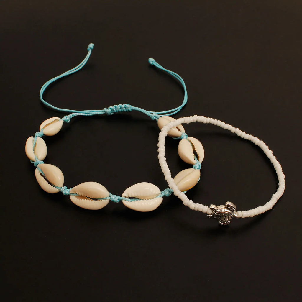 2pcs/set Summer Ocean Beach Anklet Bohemian Retro Turtle Beaded Handmade Anklet & Bracelet 2025 New Trendy Leg Foot Jewelry Gift