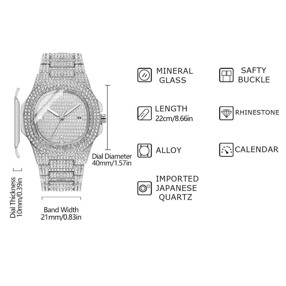 1pc Men Women Quartz Watch Iced Out Hip-hop Punk Full Diamonds Wrist Watch Bundled Size Adjuster Stylish Party Jewelry Gift Box