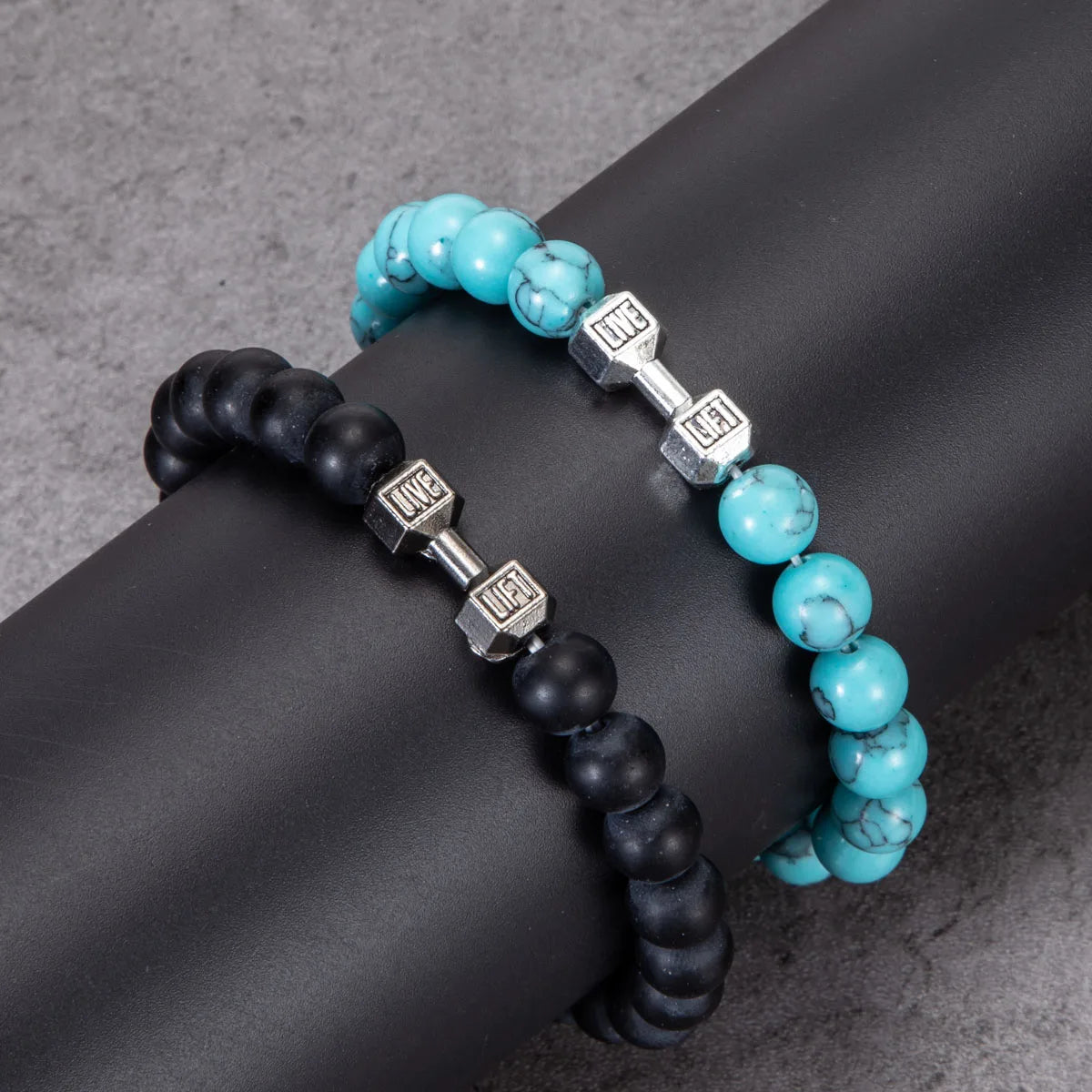 2pcs/Set Natural Stone Dumbbell Beaded Bracelet Black Beads Fitness Fit Life Prayer Bracelets Bangles Barbell Men Jewelry