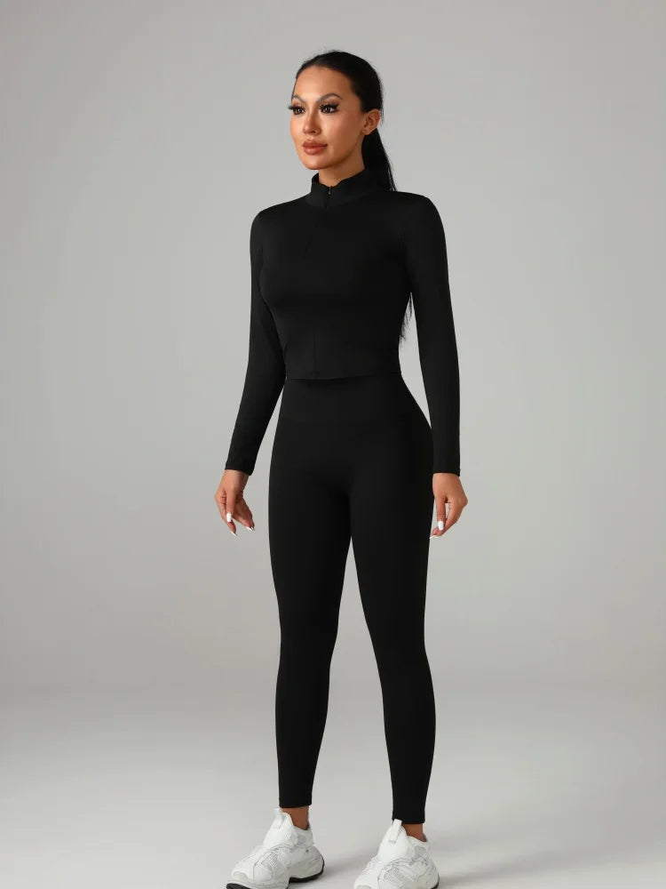 Women's Solid Color Sports Set Long - Sleeve Top + Pants Yoga Fitness Outfit Breathable Quick - Dry Tracksuit