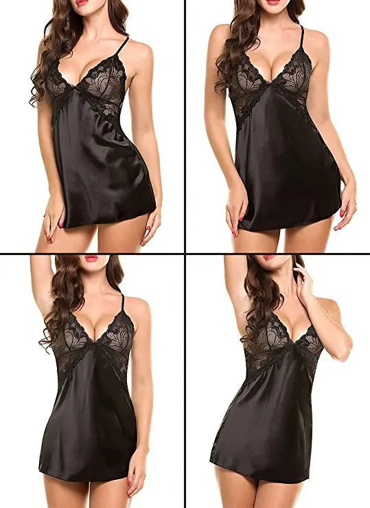 Sexy Lace Robe Dress+G String Thongs Women Erotic Transparent Sleepwear Pajamas Lace Nightdress Mujer Pornos Costumes Underwear