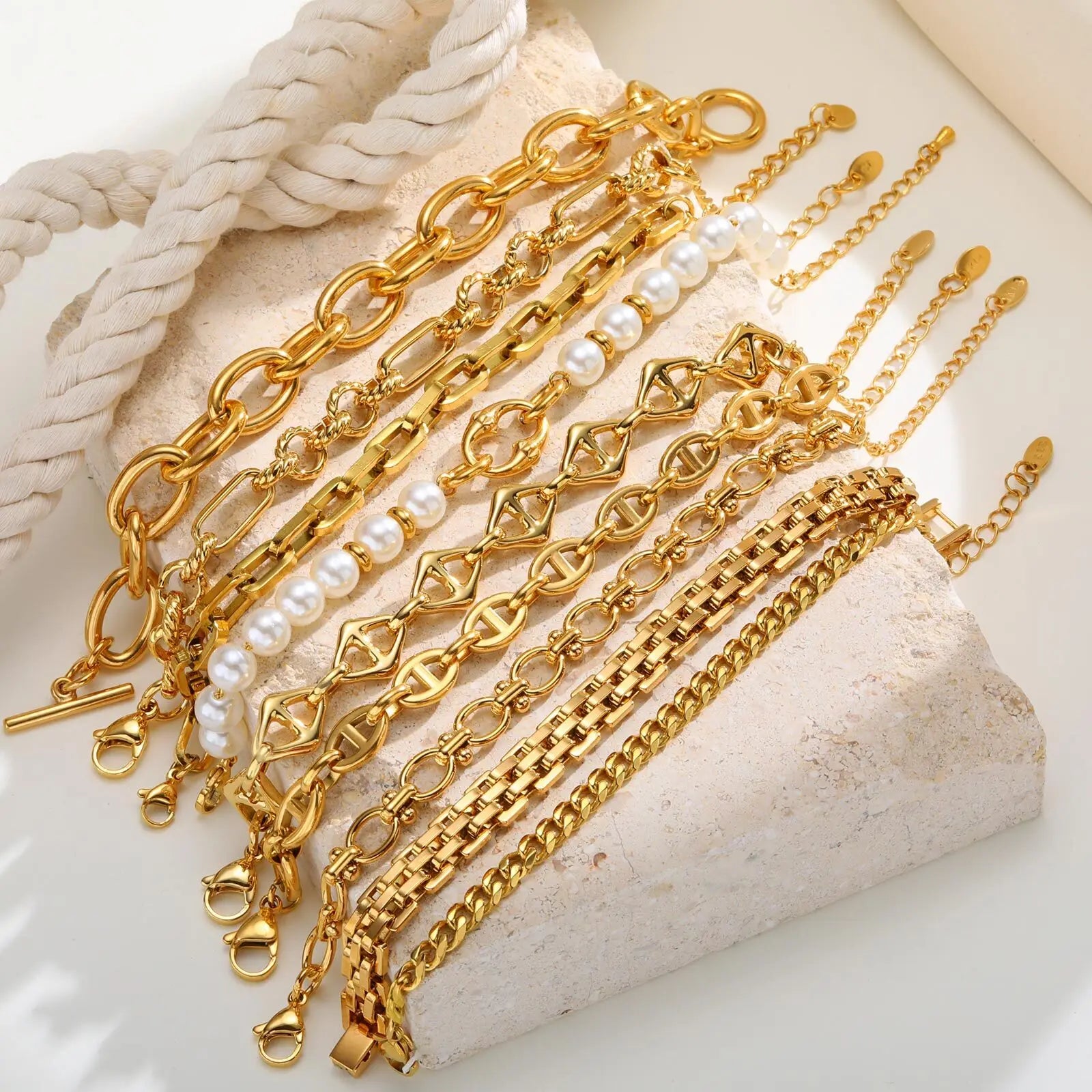 Gold Plated Chunky Chain Bracelet, Stainless Steel Minimalist Link Waterproof, Thick Brand Wristband Bangle For Women