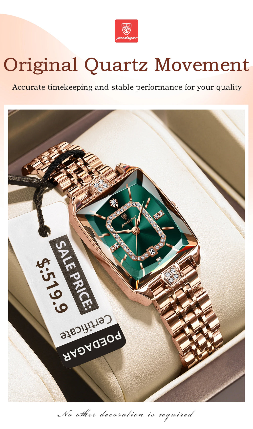 POEDAGAR Luxury Rectangle Watch - Waterproof Calendar Stainless Steel