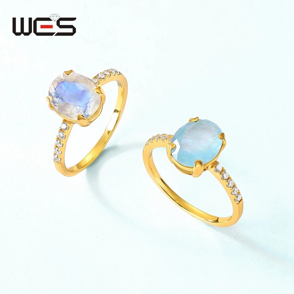 WES Oval Natural Birthstone Moonstone Promise Ring for Woman Aquamarine Moss Agate 925 Silver Jewelry Birthday Gift With Box