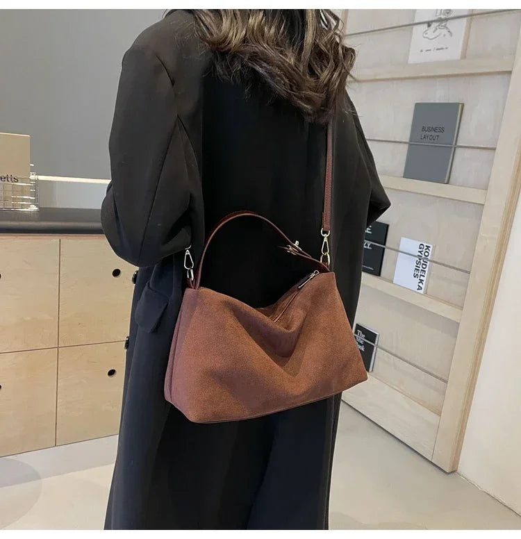 New Solid Color PU Zipper Women's Bag Suede Large Capacity Women's Shoulder Bag Fashion Versatile Casual Dual Purpose Handbag