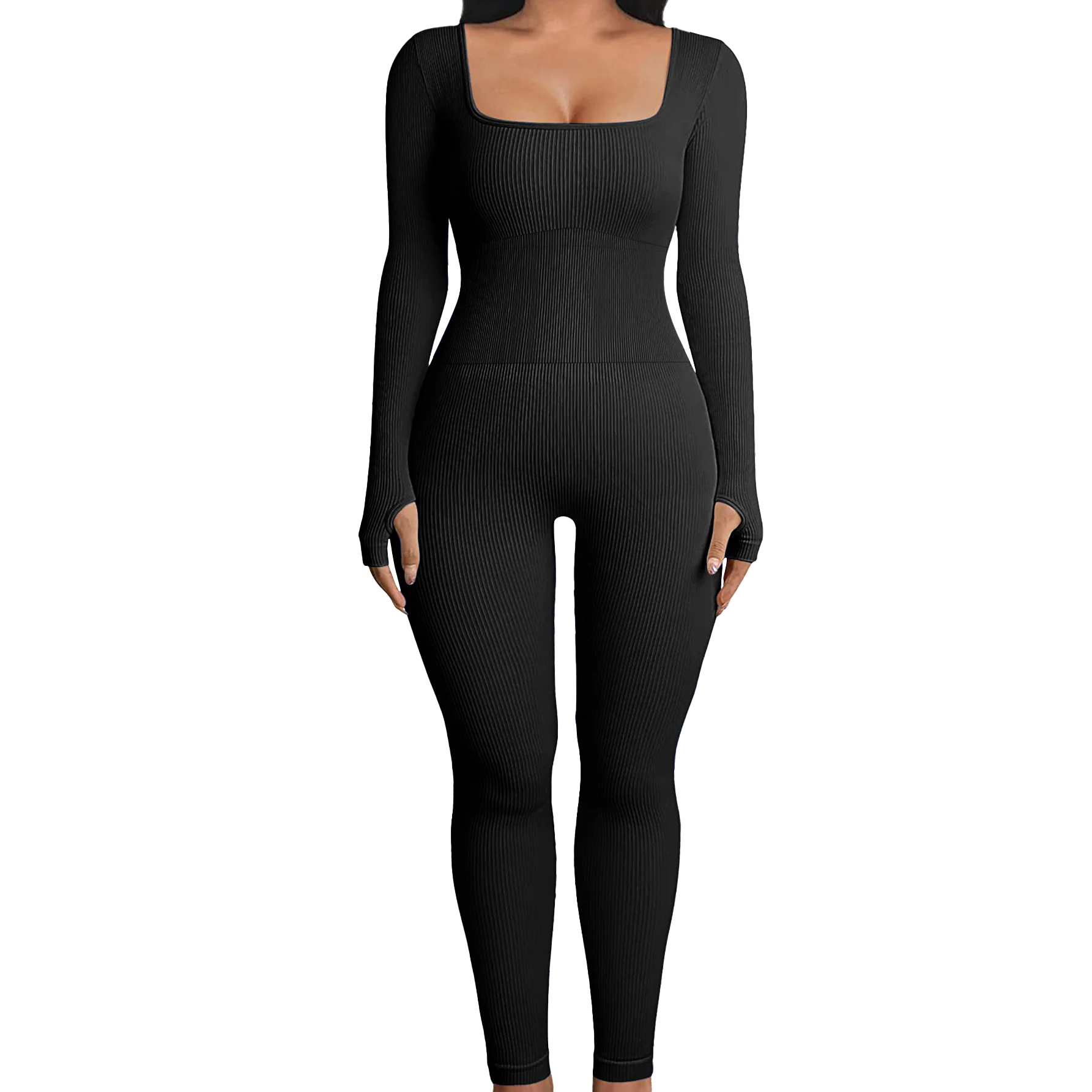 Solid Color Ribbed Yoga Jumpsuit, Seamless Slim Fit Long Sleeve Sports Bodysuit, Women's Activewear