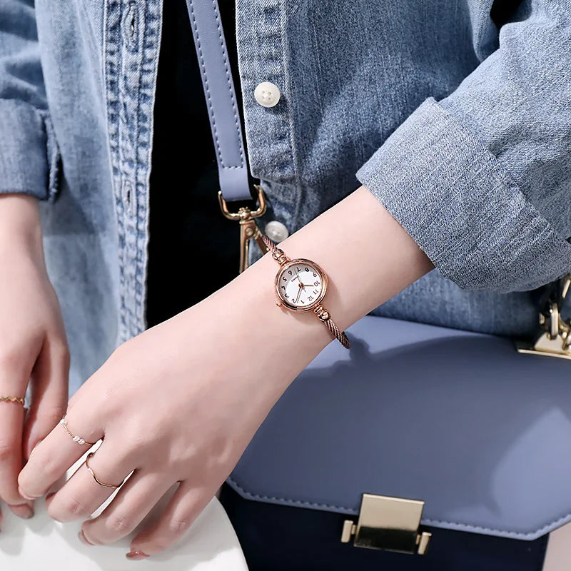 Small Gold Bangle Bracelet Watch - Retro Ladies Quartz Thin Chain