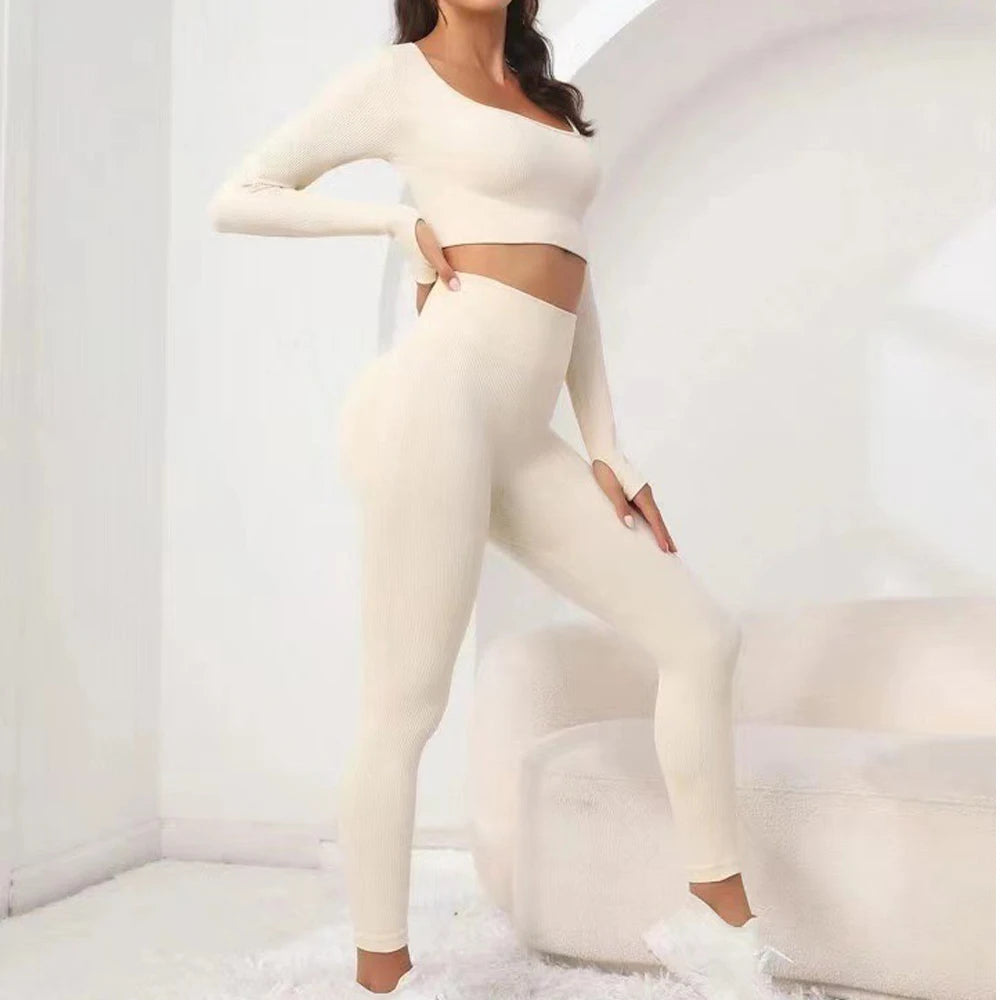 New autumn style threaded long sleeve trousers set, breathable and elastic, a good choice for sports yoga,