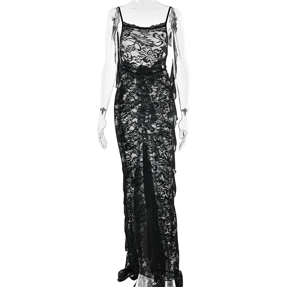 Articat Sexy Sleeveless Lace Patchwork Print Women Backless Party Evening Dress 2024 New Trailing Long Skirt Flowing Vestido