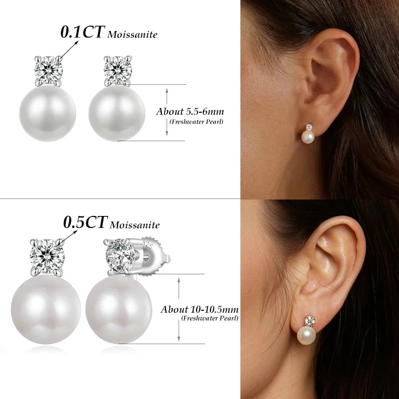 BAMOER Moissanite 925 Sterling Silver Freshwater Pearl Stud Earrings VVS1 Lab Created Diamond Wedding Earrings for Women Gift