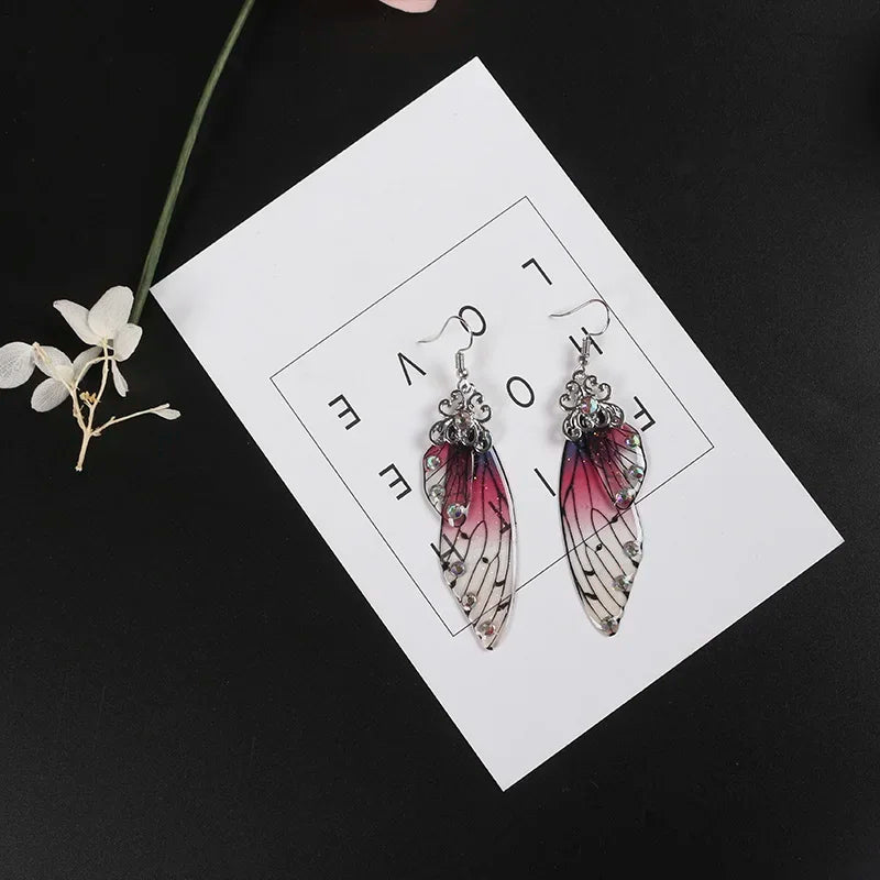 Handmade Fairy Simulation Wing Earrings Insect Butterfly Wing Drop Earrings Foil Rhinestone Earrings Romantic Bridal Jewelry