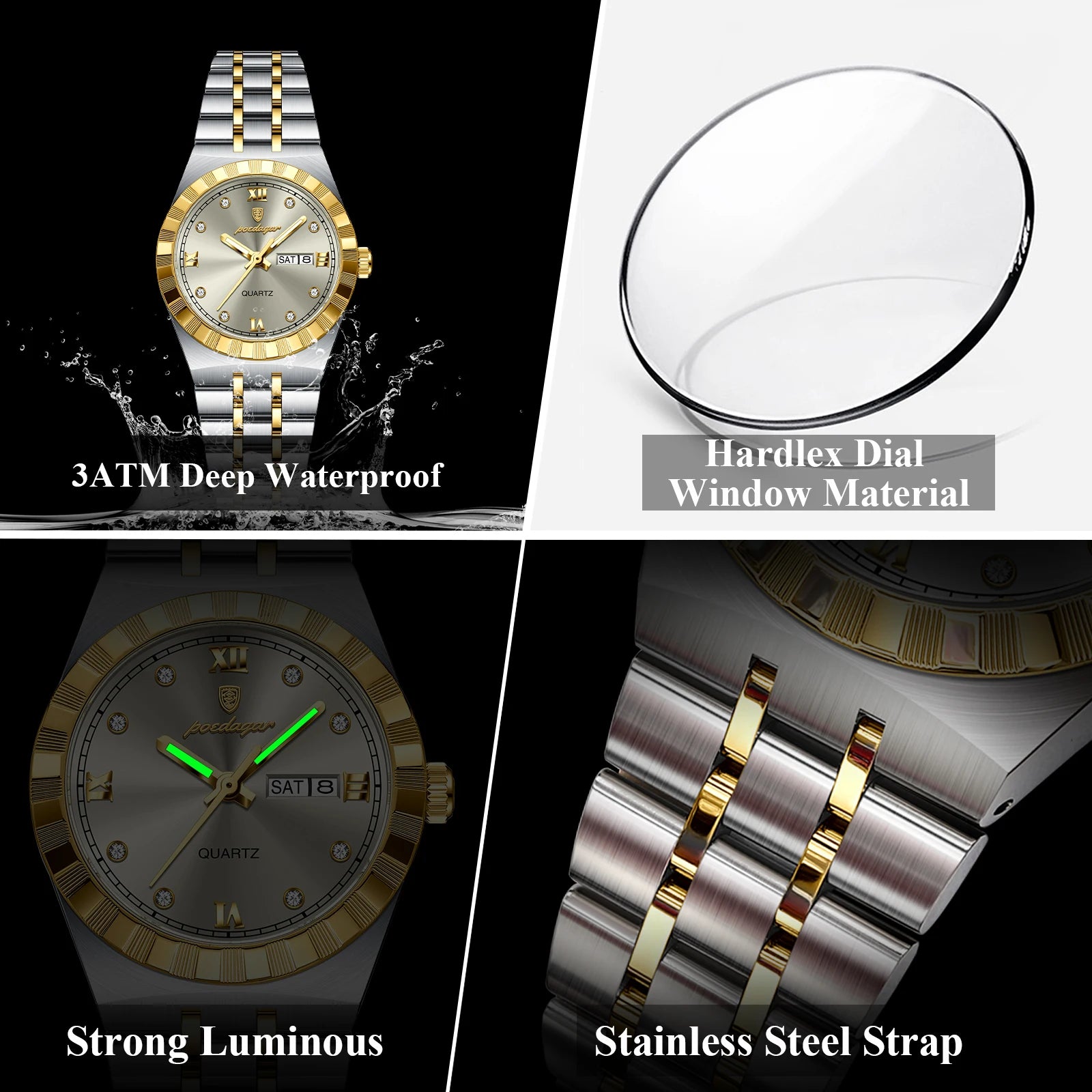 POEDAGAR Luxury Ladies Watch - Luminous Waterproof Week Date Stainless