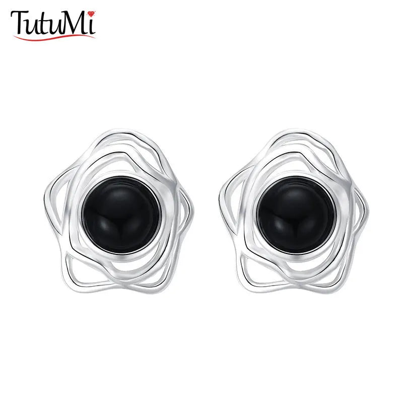 925 Sterling Silver Stud Earrings with Natural Onyx Stone Black and White Irregular Geometric Arc Design Stud Earrings for Women