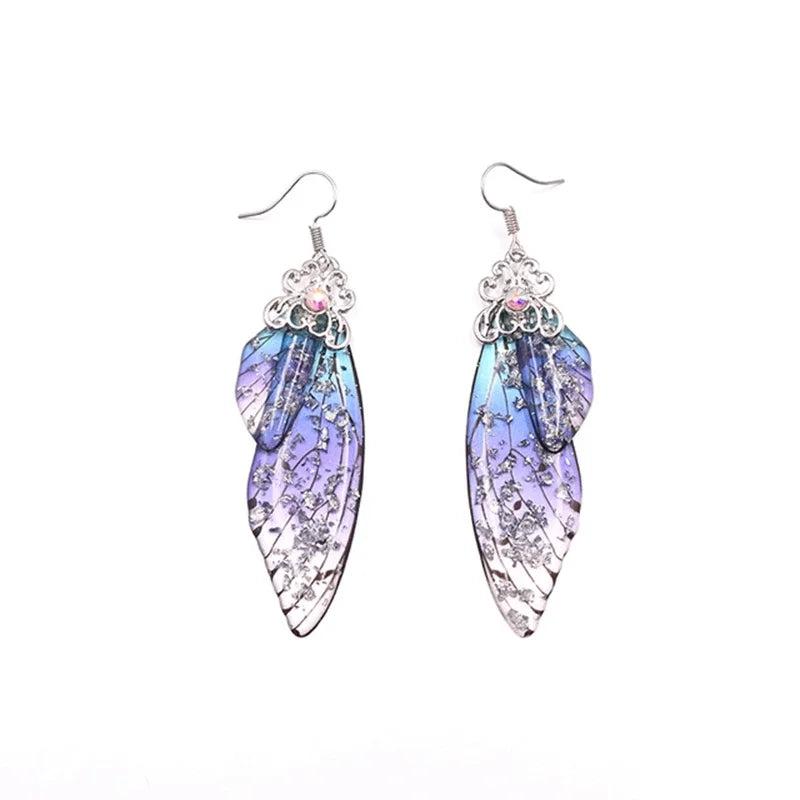 Handmade Fairy Simulation Wing Earrings Insect Butterfly Wing Drop Earrings Foil Rhinestone Earrings Romantic Bridal Jewelry