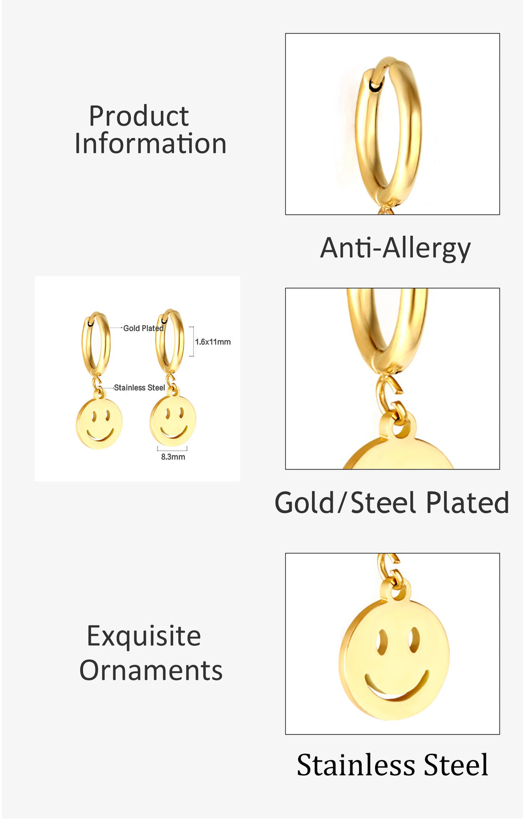 LUXUKISSKIDS Punk Smile Face Gold/Steel Color Drop Earrings Simple Hiphop Round Pendients Fashion Clips For Man/Woman/Girls