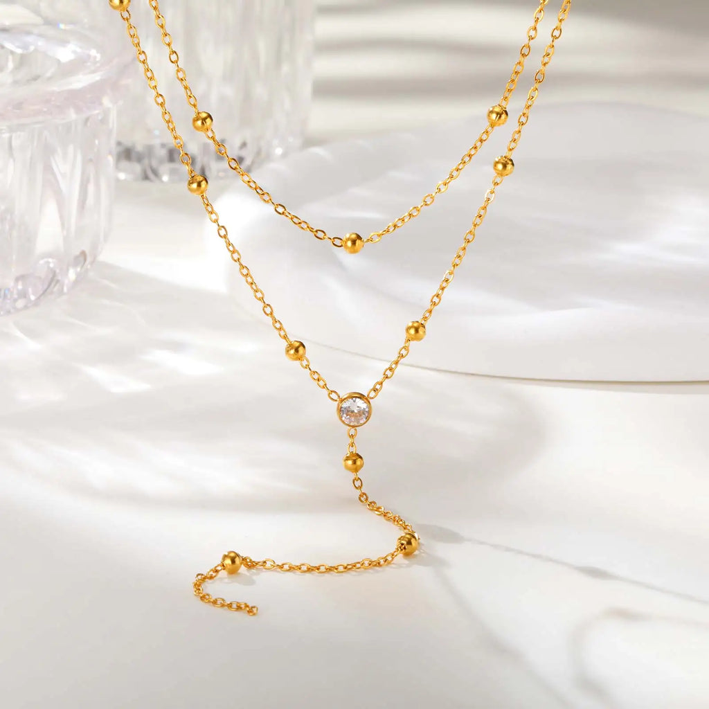 Dainty Bead Chain Zircon Heart-shaped Necklace for Women,Stainless Steel Flower Tassel Double Layer Y-shaped Necklaces Jewelry
