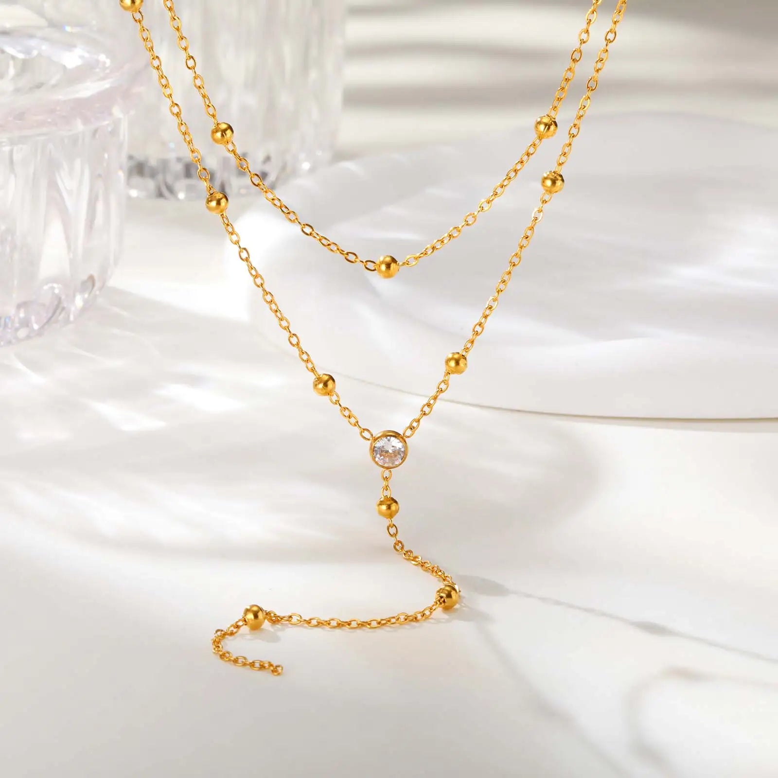Dainty Bead Chain Zircon Heart-shaped Necklace for Women,Stainless Steel Flower Tassel Double Layer Y-shaped Necklaces Jewelry