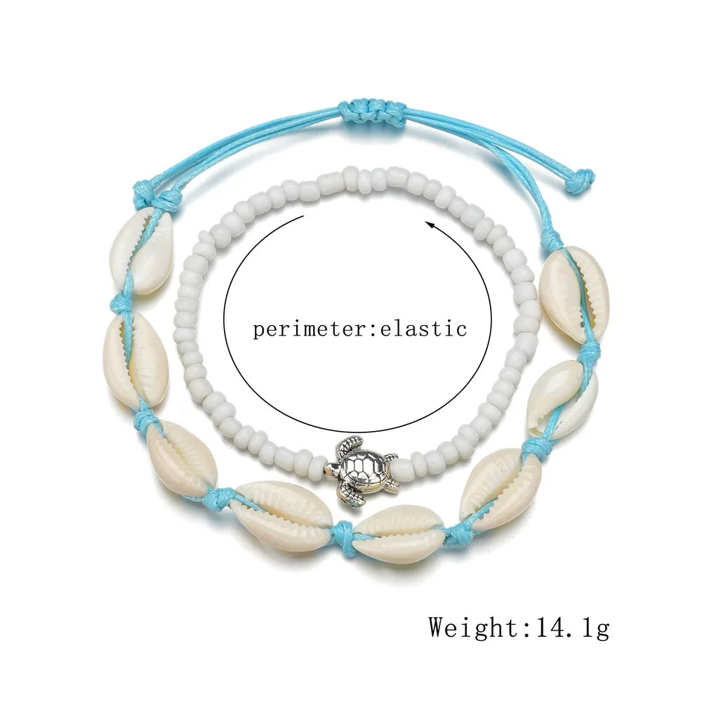 2pcs/set Summer Ocean Beach Anklet Bohemian Retro Turtle Beaded Handmade Anklet & Bracelet 2025 New Trendy Leg Foot Jewelry Gift