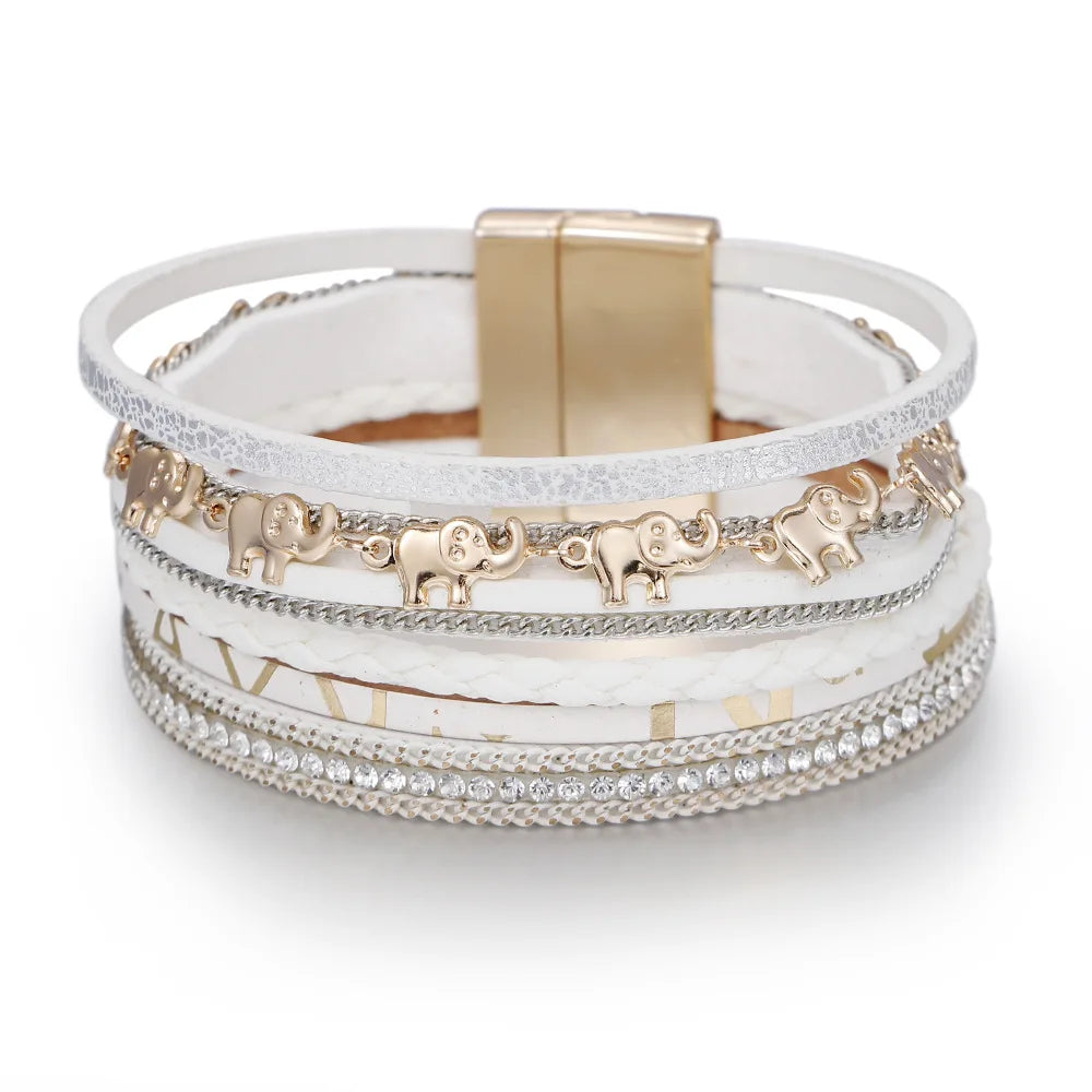 Fashion Elephant Pendant Hand-woven Leather Bracelet Ladies Ins Style with Rhinestone Magnet Clasp Bracelet
