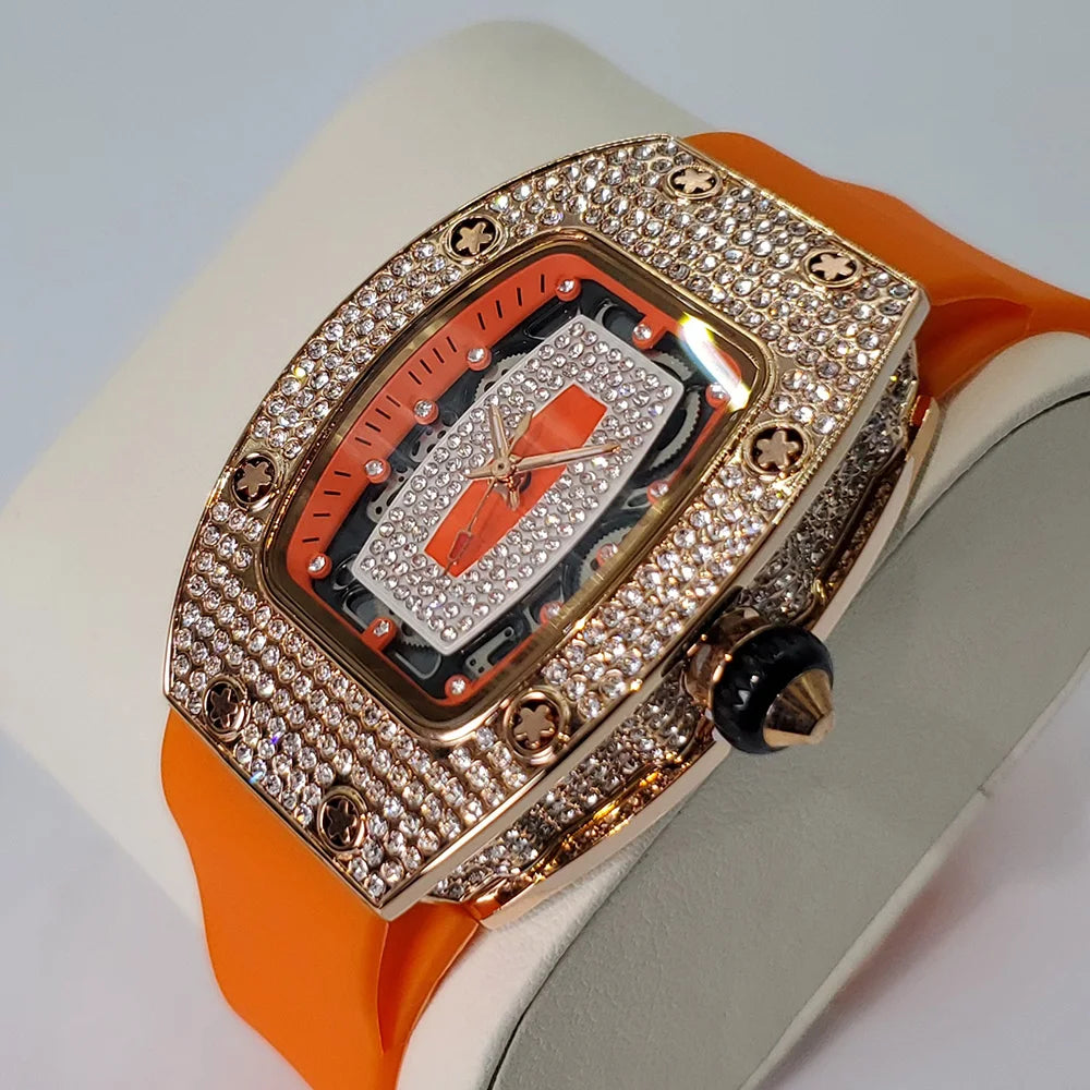 Luxury Diamond Watch For Women Elegant Tonneau Original Design Watches Fashion Ice Out Sport Rubber Strap Waterproof Mille Clock