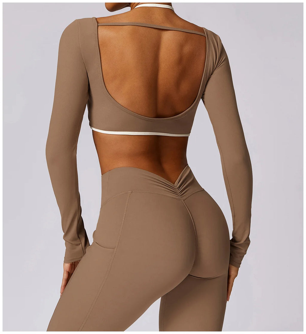 2Pcs Gym Set Women Workout Backless Yoga Suit Women Quick Dry Running Legging Fitness Bra Short-sleeved Shirt Sports Suit Female