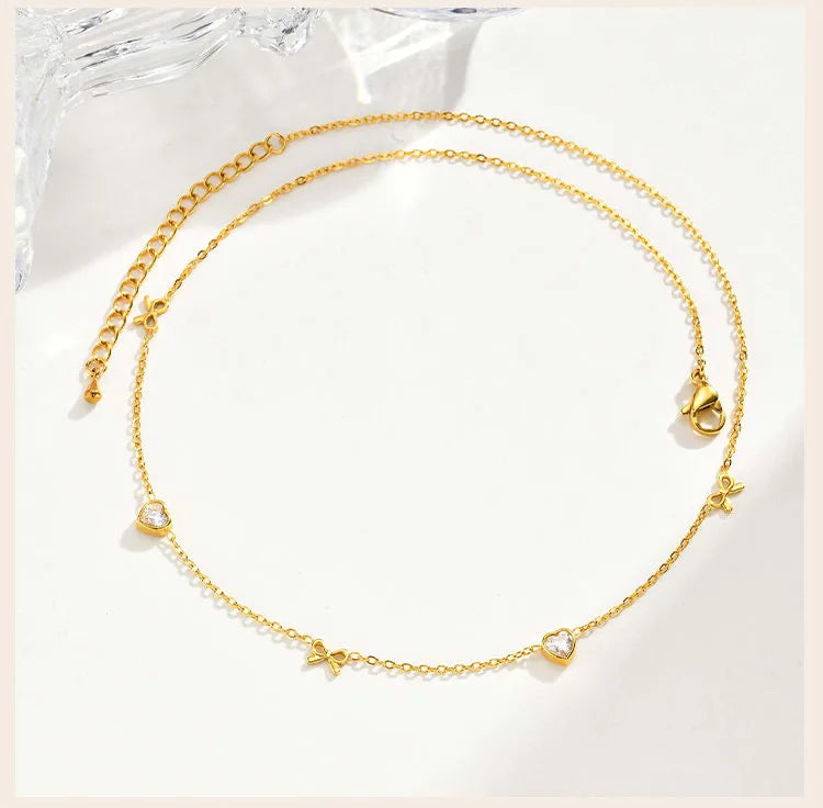 Stainless Steel Heart Cubic Zirconia Chain Necklace for Women, Bowknot Cherry Thin Link Chain Necklace Layered Jewelry